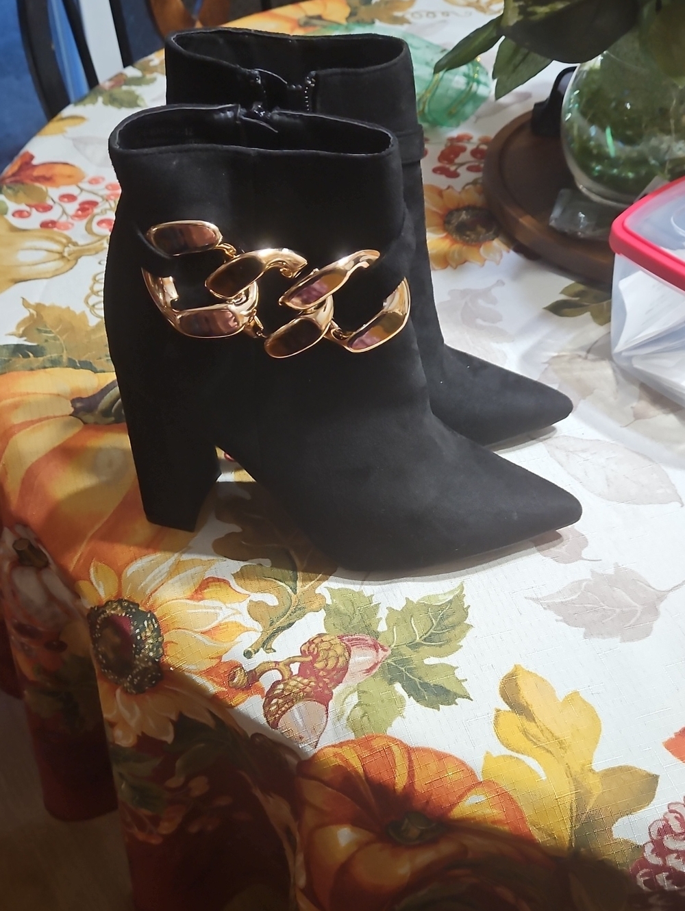 Rouge! Black Ankle Booties with Gold Chain Accent